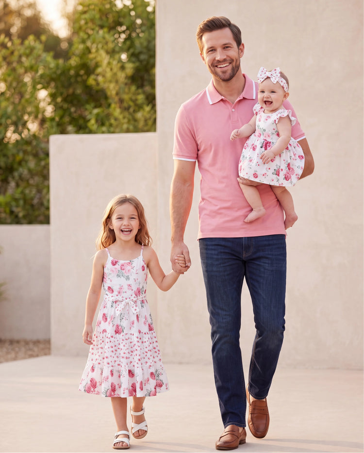 Daddy & Daughter Outfits Set Solid Color Short-sleeve Polo Collar Shirt or Flower Print Hollow out Dress Pink