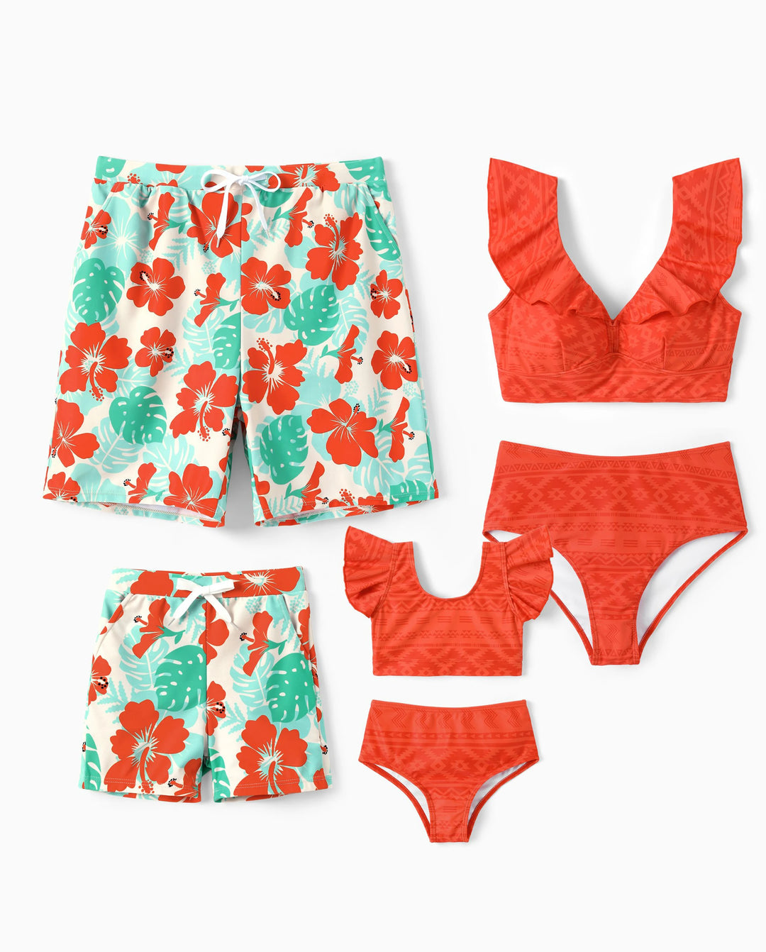 Family Matching Tropical Floral Print Swim Trunk or Ruffle Trim Bikini with Optional Beach Cover-Up Dress Orange