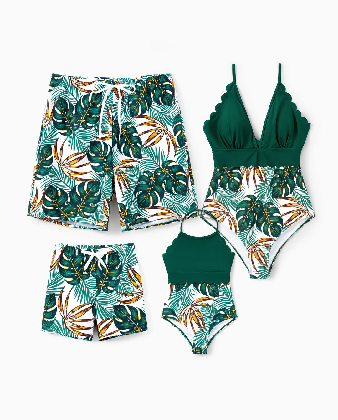 Family Matching Allover Plants Print Swim Trunks Shorts and V Neck Spaghetti Strap Splicing One-Piece Swimsuit Dark Green