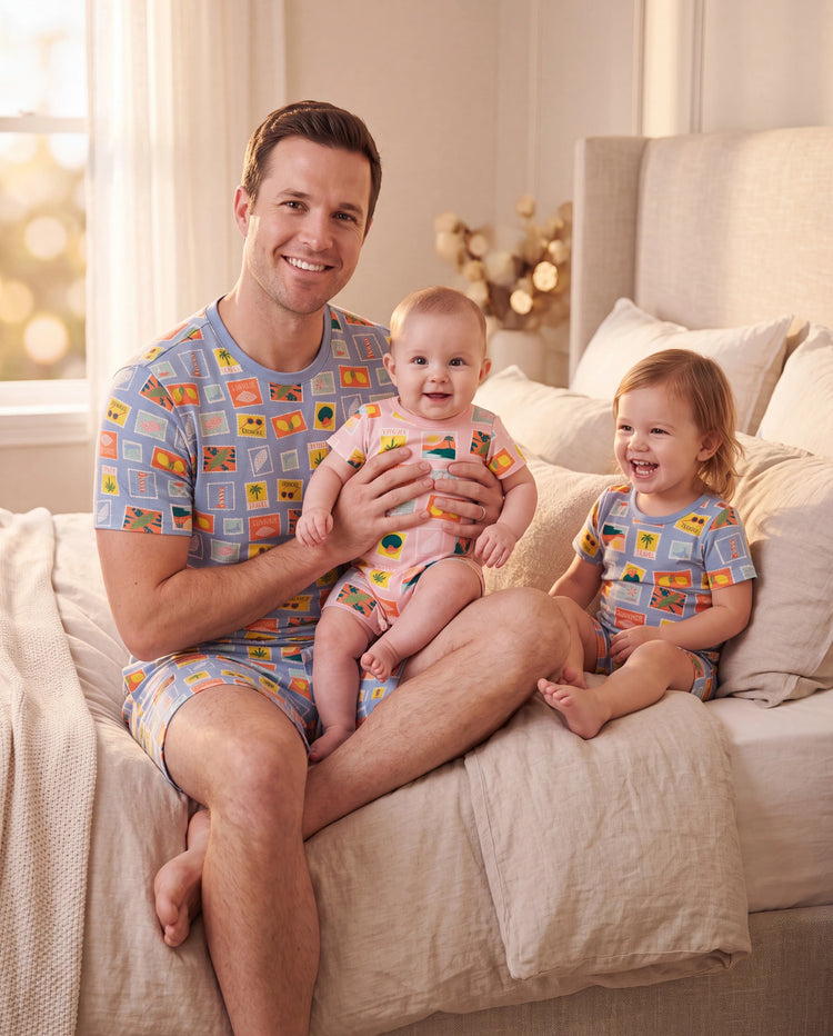 Daddy & Son Bambus Familien-Pyjamas mit Urlaubsmotiv Kurzarm passendes Pyjama-Set (eng anliegend für Kinder) Colorblock