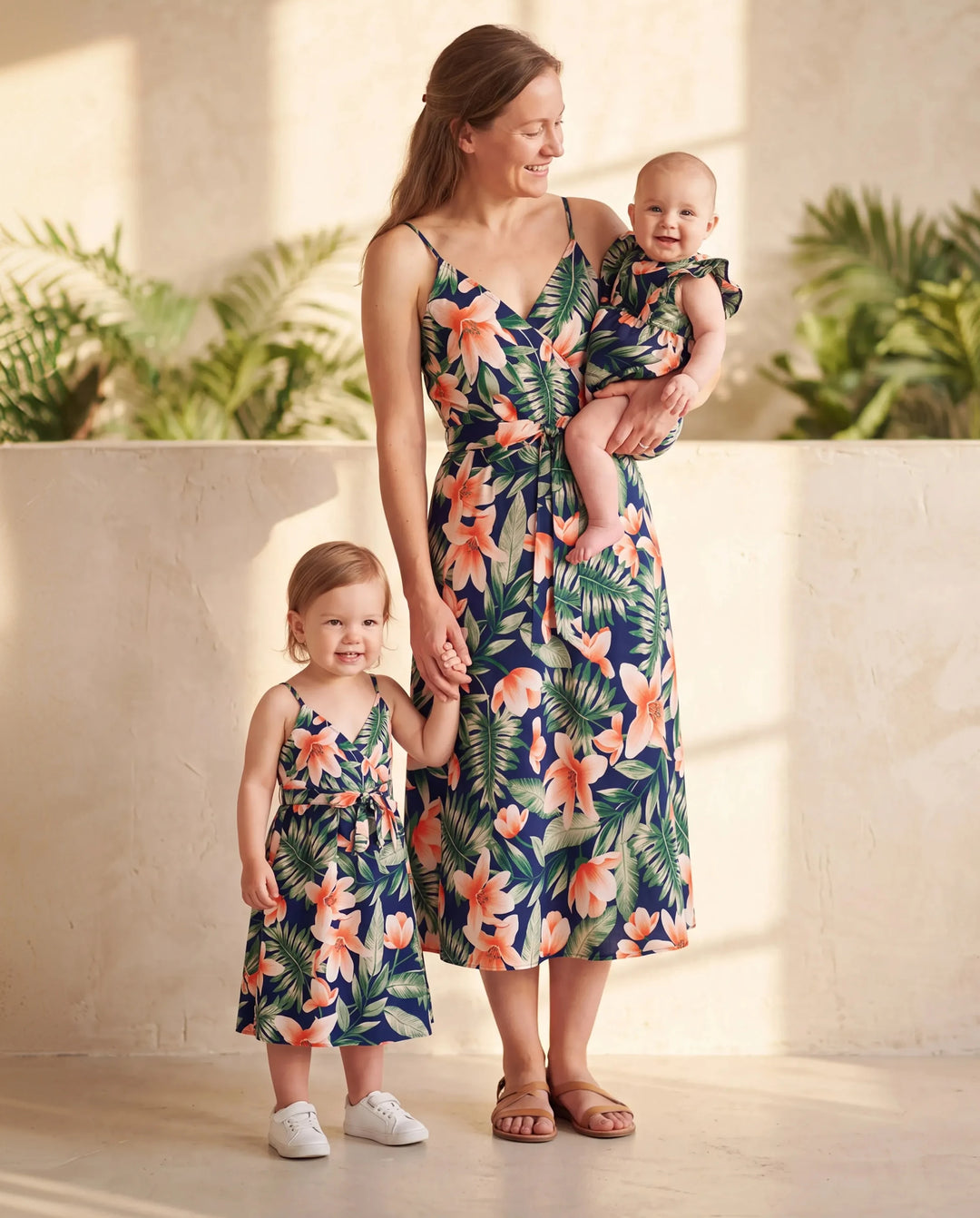 Mama und Ich Familien-Matching-Sets mit Blumenmuster-Panel Kurzarm-T-Shirts oder durchgehend geblümte V-Ausschnitt Spaghetti-Träger Midi-Kleider mit verdecktem Druckknopf royalblau