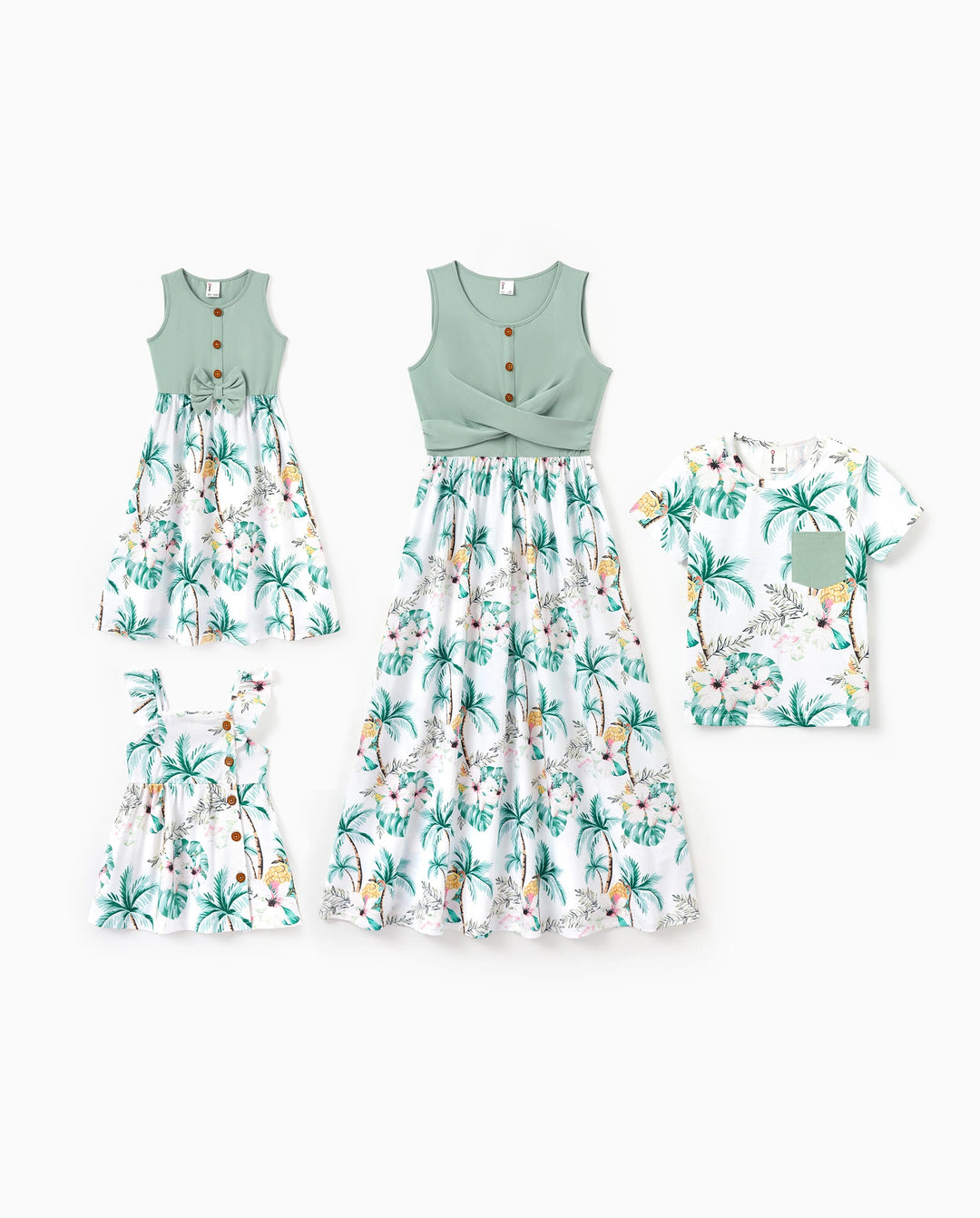Mommy & me Tropical Print Outfits Mommy & Me Tank Dress & Kids Cotton T-Shirt Set Green