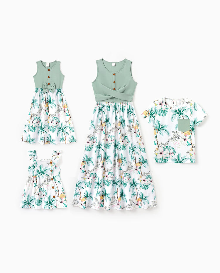 Mommy & me Tropical Print Outfits Mommy & Me Tank Dress & Kids Cotton T-Shirt Set Green