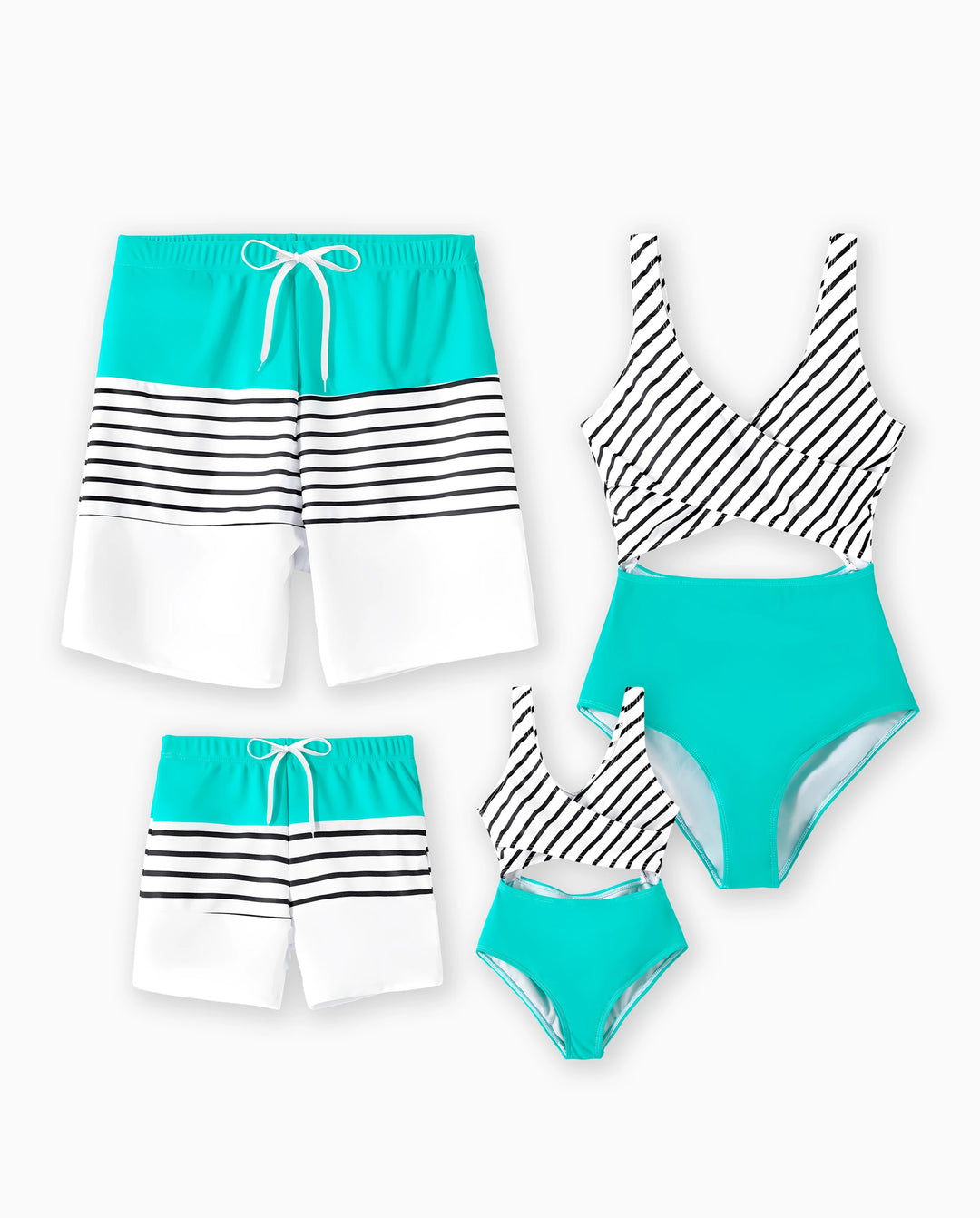 Traje de baño de una pieza con cortes y rayas a juego para toda la familia y bañador con bloques de color verde y blanco
