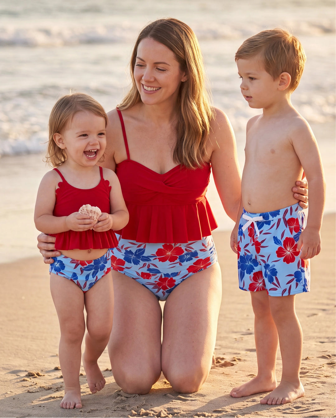 Ropa de baño para mamá y yo, conjunto de bikini y bañadores con estampado floral para mamá, papá y niños, perfecto para días de playa y fiestas en la piscina Rojo