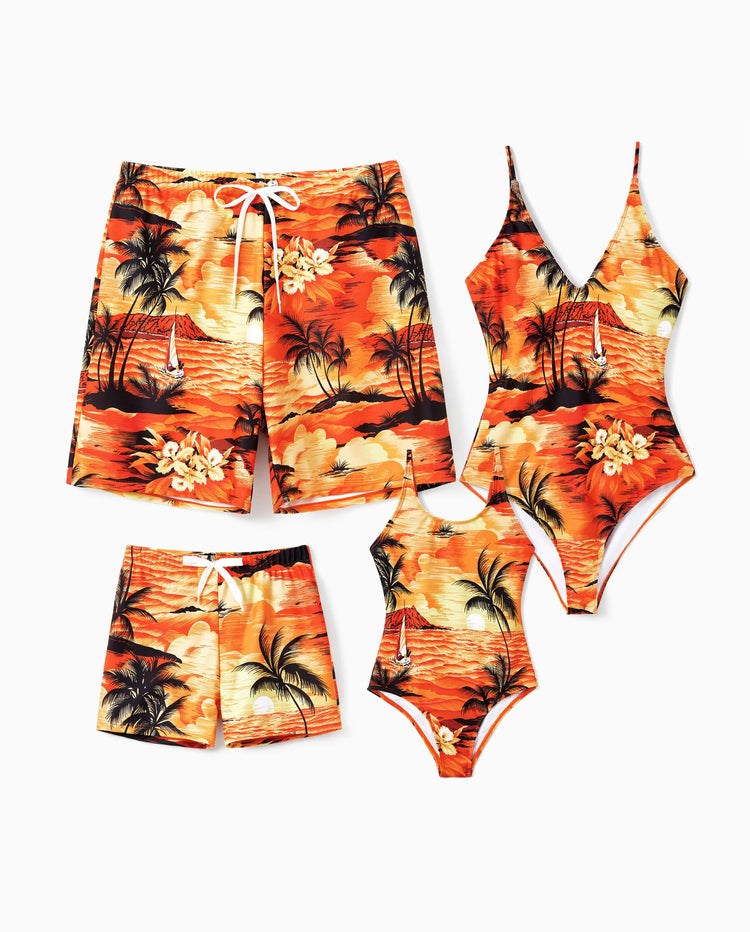 Trajes de baño hawaianos tropicales para la familia Trajes de baño a juego naranja