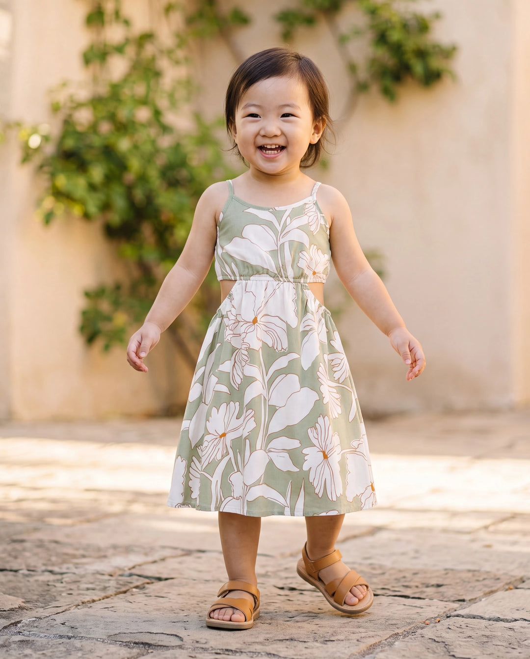 Toddler/Kid Girl Outfits Tropical Floral Print Strap Dress Pale Green