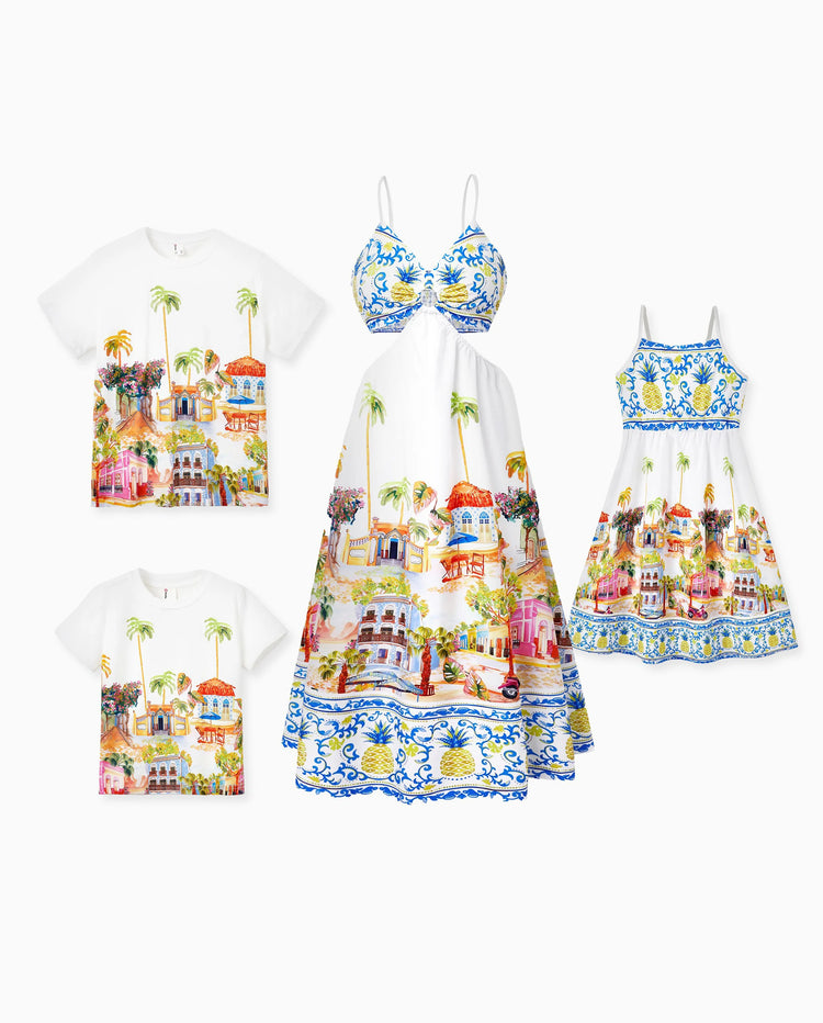 Family Matching Vacation Set Tropical Pineapple Coconut Tree Print Short-sleeve T-shirt or Hollow out Strap Dress for Summer Vacation  White
