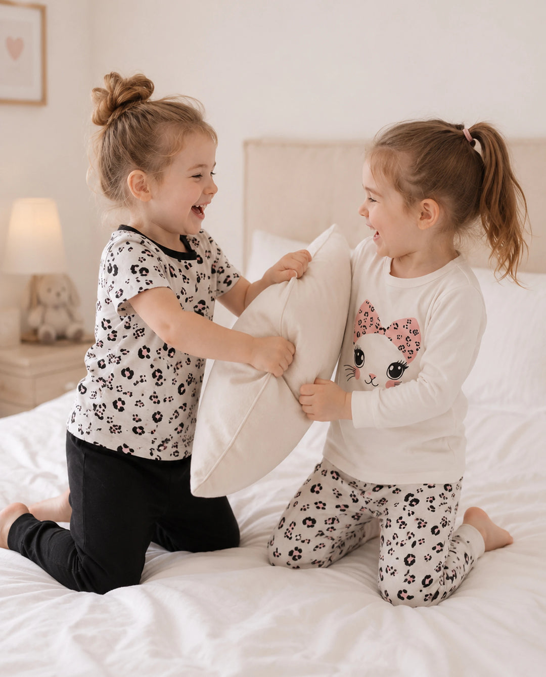 Toddler / Kids 4-piece Organic Cotton Pajamas 4-in 1 Snug fit PaJama Set for Girls White
