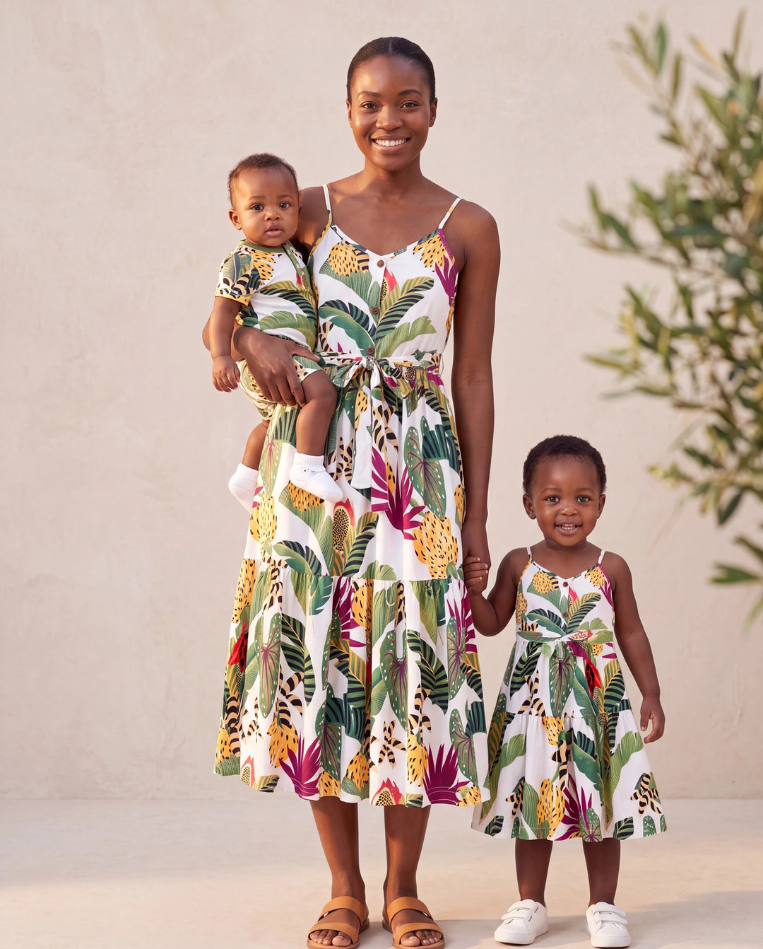 Mommy and Me Family Matching Tropical Floral Print Short-sleeve Top or Camisole Dress Set Multi-color