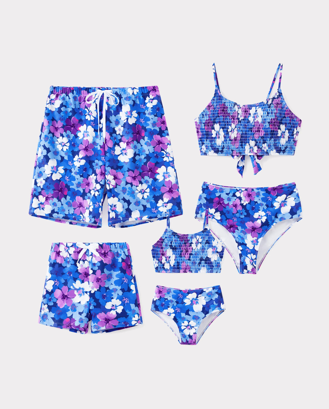 Traje de baño de dos piezas con tirantes fruncidos y estampado floral para toda la familia, color morado