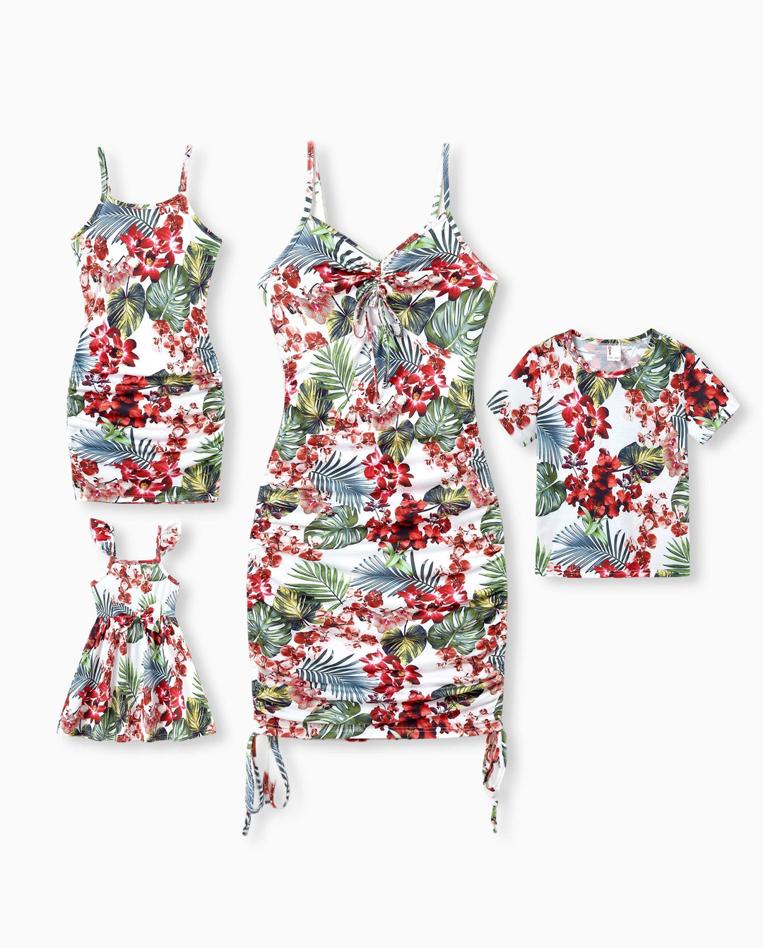 Mommy & me Floral Print Outfits Tropical Print Spaghetti Strap Body-con Dress for Mom & Daughter, Color-Blocked T-Shirts for Dad & Son Perfect for Summer Vacations & Family Photos Red