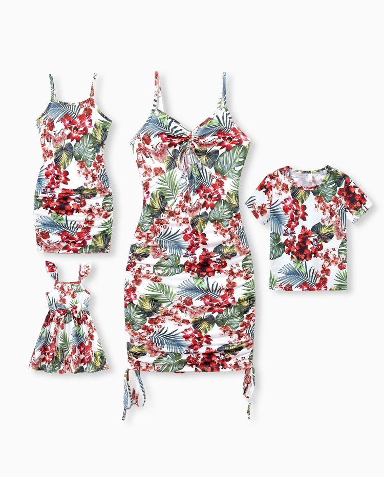 Mommy & me Floral Print Outfits Tropical Print Spaghetti Strap Body-con Dress for Mom & Daughter, Color-Blocked T-Shirts for Dad & Son Perfect for Summer Vacations & Family Photos Red