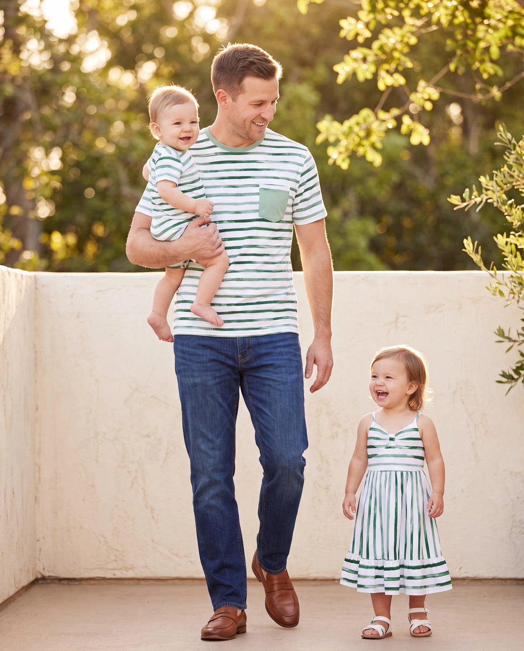 Conjunto de ropa de algodón para papá e hija Conjunto de camiseta a rayas y vestido para papá, mamá, niños y bebé, perfecto para salidas familiares y fotos de verano Verde