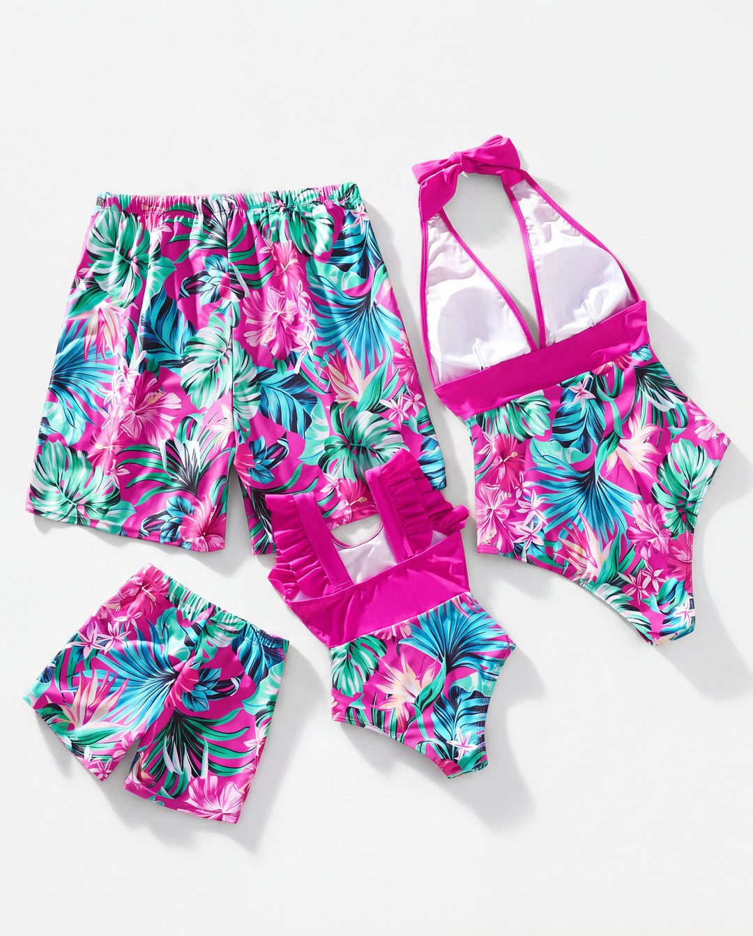 Family Matching Swimsuits Tropical Pink Leaf Print Halter One-Piece Swimwear or Swim Trunks Set Pink