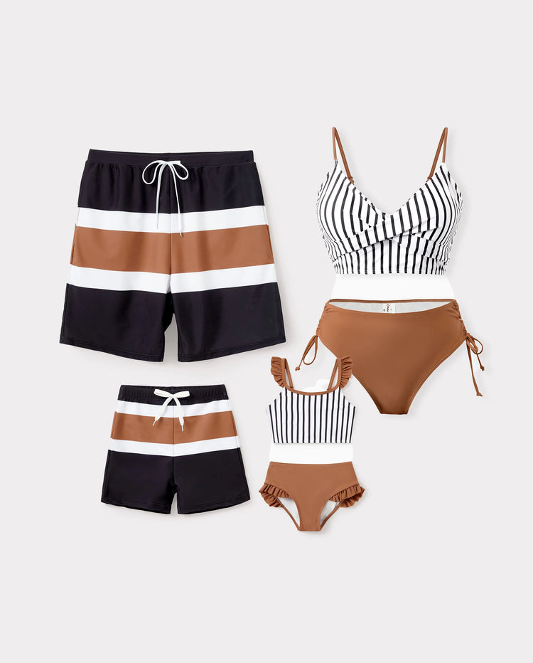 Family Matching Color Block Swimsuits Striped Bikini & Swim Trunks Set Color block