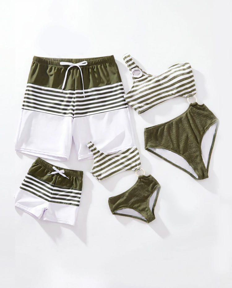 Passende Familien-Badehose mit Farbblock-Streifen oder einteiliger One-Shoulder-Badeanzug Armeegrün