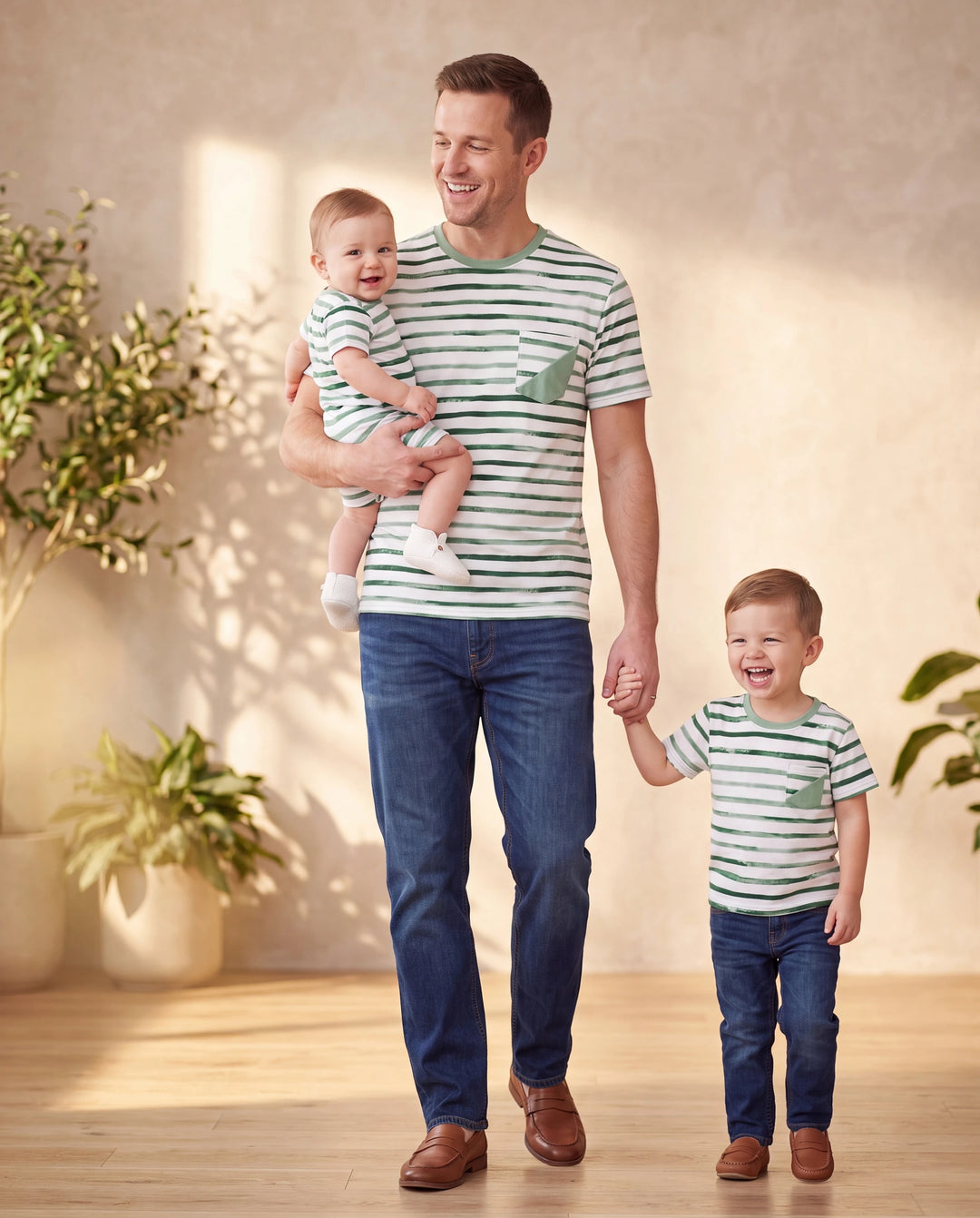 Conjunto de ropa de algodón para papá e hijo Camiseta a rayas verdes y vestido para papá, mamá, niños y bebé, perfecto para salidas familiares y fotos de verano verde