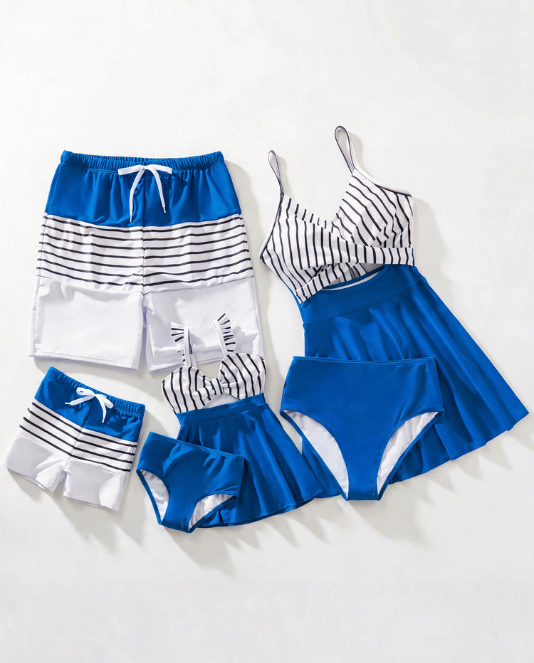 Passender Familien-Badeanzug Colorblock-Badehose mit Kordelzug oder gestreifter blauer gespleißter Tankini mit Kreuz vorne, Binderücken und dünnen Trägern Farbblock