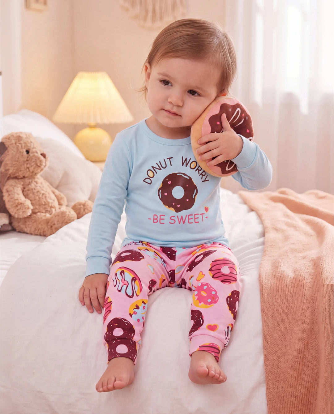 Pyjama 4 pièces en coton biologique pour tout-petits/enfants, ensemble 4 en 1 coupe ajustée pour filles, bleu clair