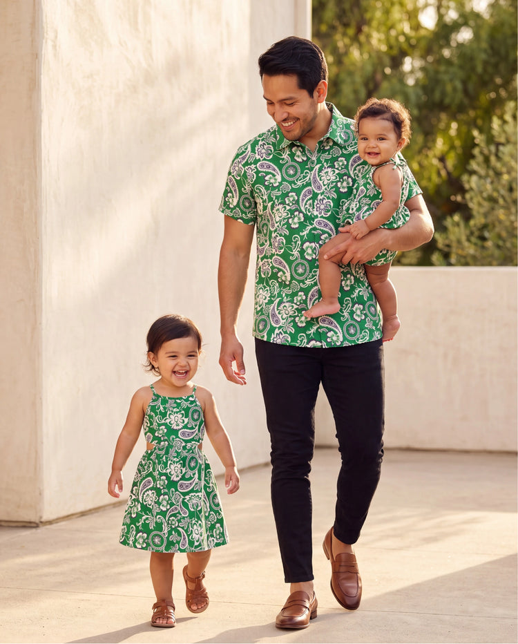 Daddy & Daughter Outfits Set Floral Print Short-sleeve Collar Shirt or Strappy Smocked  Dress for Summer Vacation Green