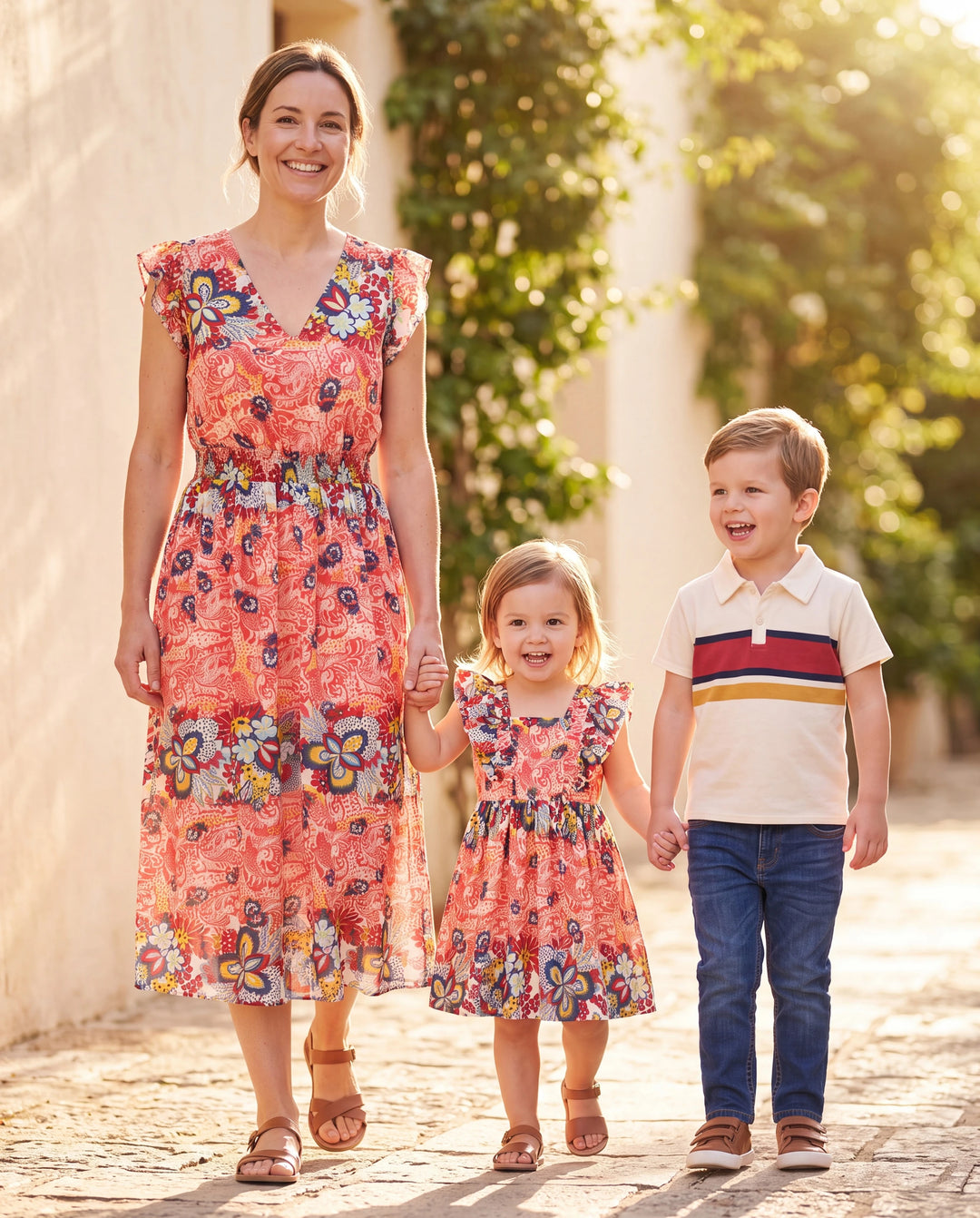 Mommy & me Casual Outfit Colorblock Polo Collar T-shirt or Floral Print Flutter Sleeveless Dress Set Orange red