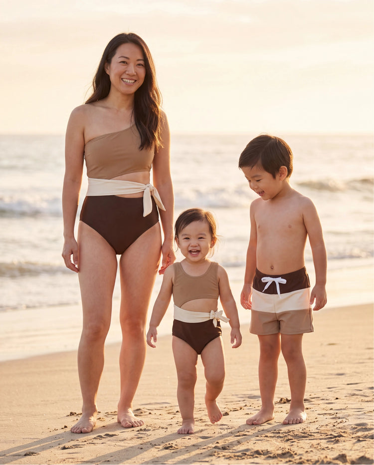 Mommy & me Color Block Swimsuits, Mommy and Me One-Shoulder Cutout Bikini Set Summer Beach Vacation Swimwear Coffee