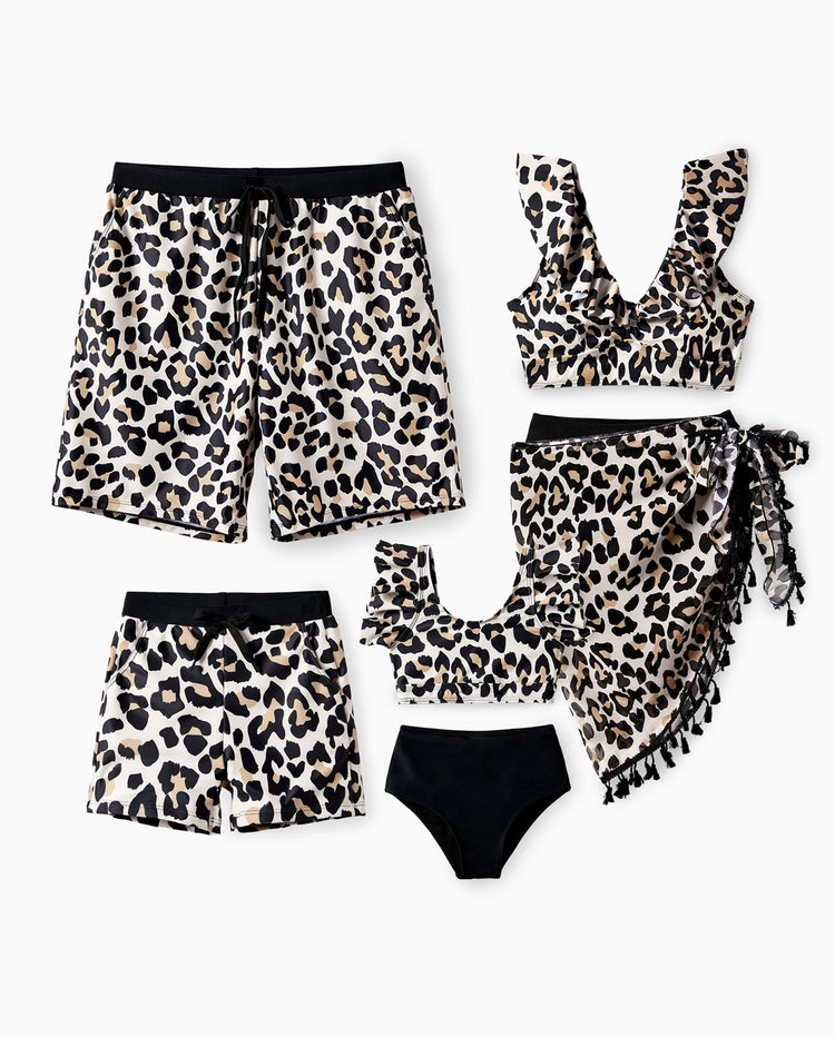 Family Matching Leopard Pattern Drawstring Swim Trunks or Ruffle Neck Two-Piece Bikini with Optional Cover Up Sarong Skirt Black