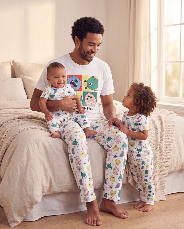 Daddy & Sohn Bambus Familien-Pyjamas Süßer kleiner Monsterdruck Kurzarm Passendes Pyjama-Set (Eng anliegend für Kinder) Weiß