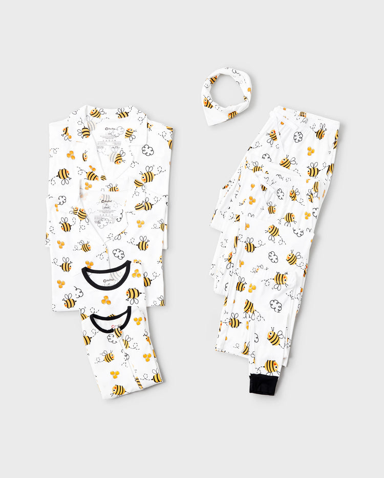 Family Matching Bamboo Pajamas Soft Bamboo Viscose PJs for Men Women Kids Toddler, Cute Bee Print Sleepwear with Short Sleeve Top and Long Pants White