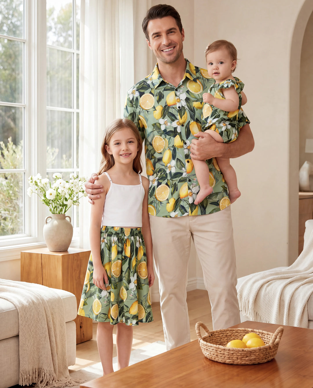Daddy & Daughter Outfits – Lemon Print Hawaiian Shirts & Summer Dresses – Tropical Vacation Clothes for Men, Women & Kids Green