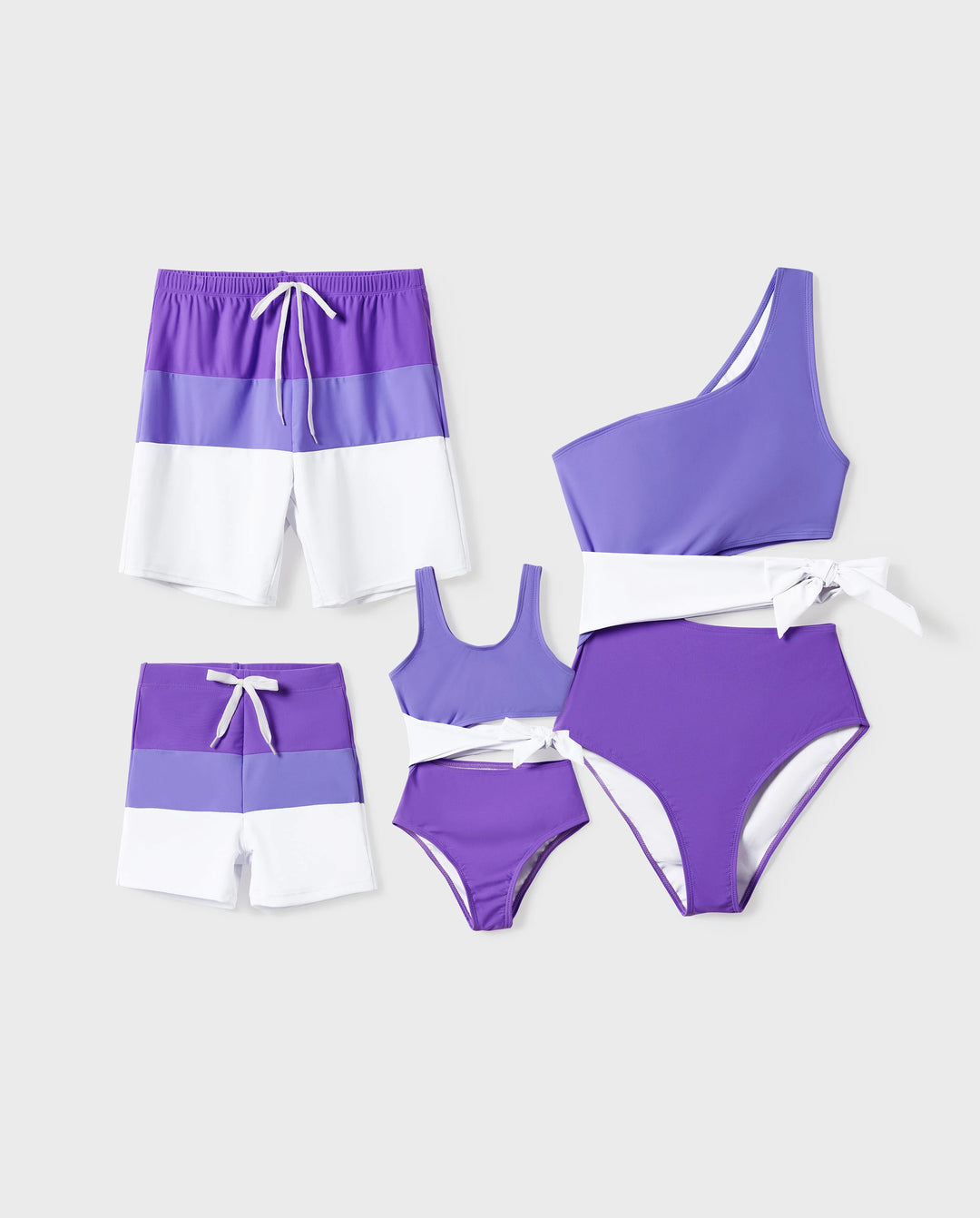 Family Matching Color-block Swim Trunks or One-shoulder Side Knot One-Piece Swimsuit (Quick-Dry) ColorBlock