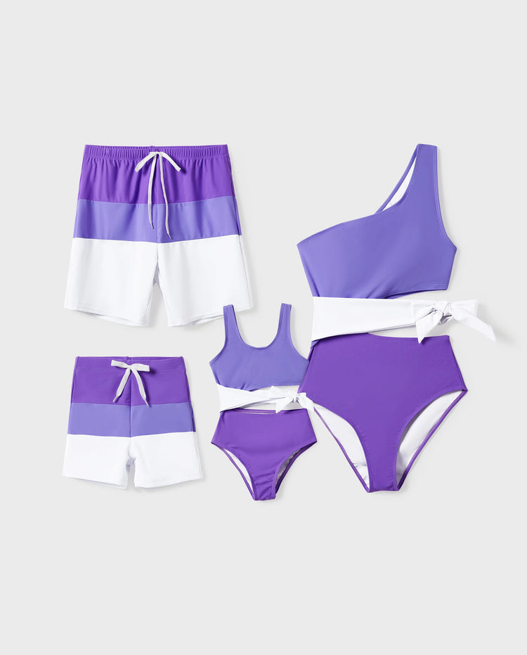 Family Matching Color-block Swim Trunks or One-shoulder Side Knot One-Piece Swimsuit (Quick-Dry) ColorBlock