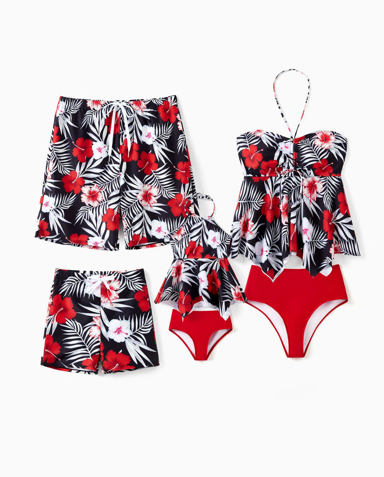 Family Matching Tropical Floral Swim Trunk or 2 Pieces Halter Swimsuit Black