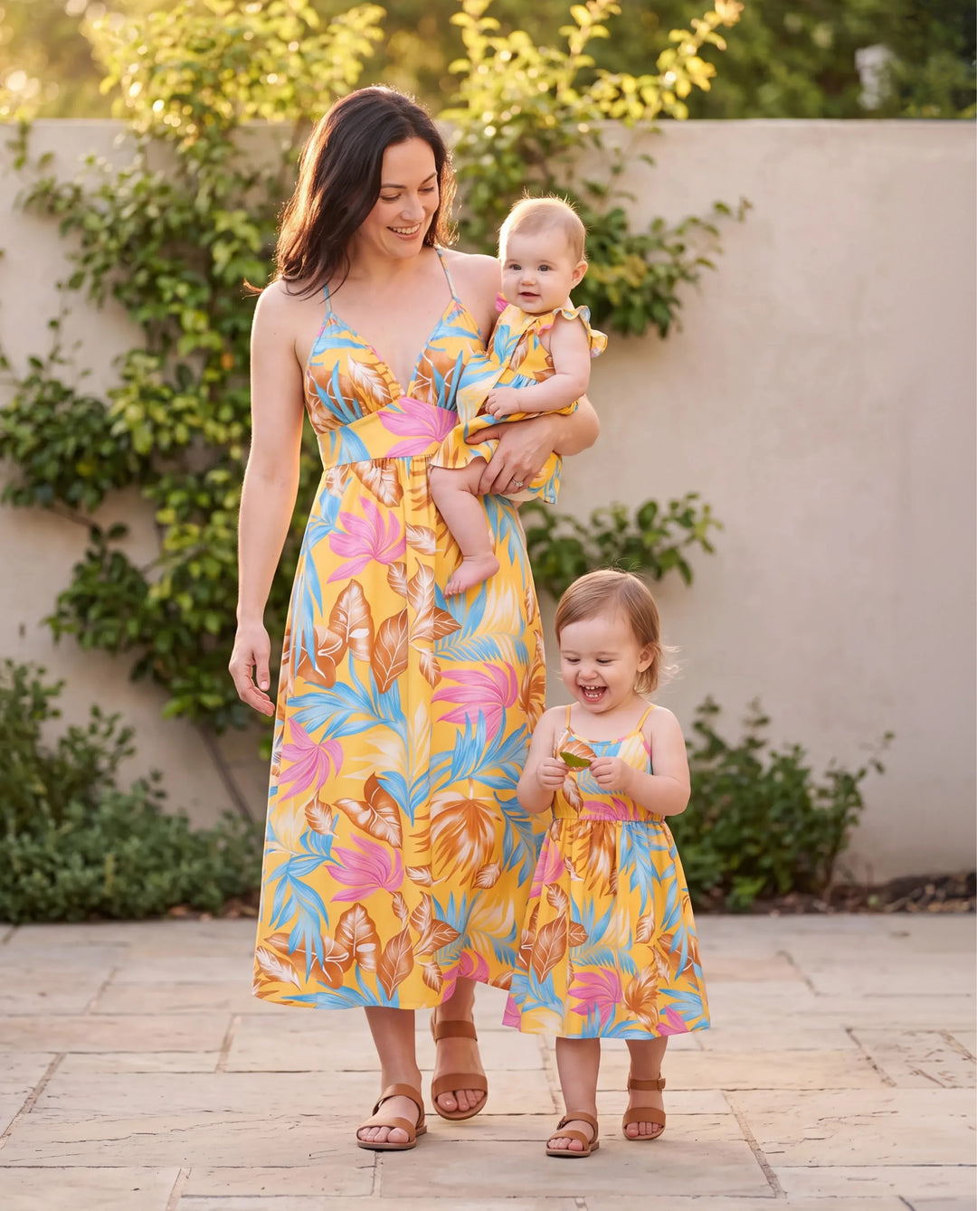 Mommy and Me Family Matching Yellow Set Tropical Leaf Print Short-sleeve Shirt or Strap Dress  Yellow
