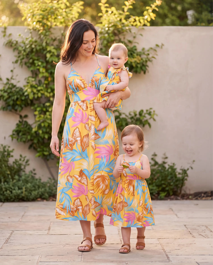 Mommy and Me Family Matching Yellow Set Tropical Leaf Print Short-sleeve Shirt or Strap Dress  Yellow