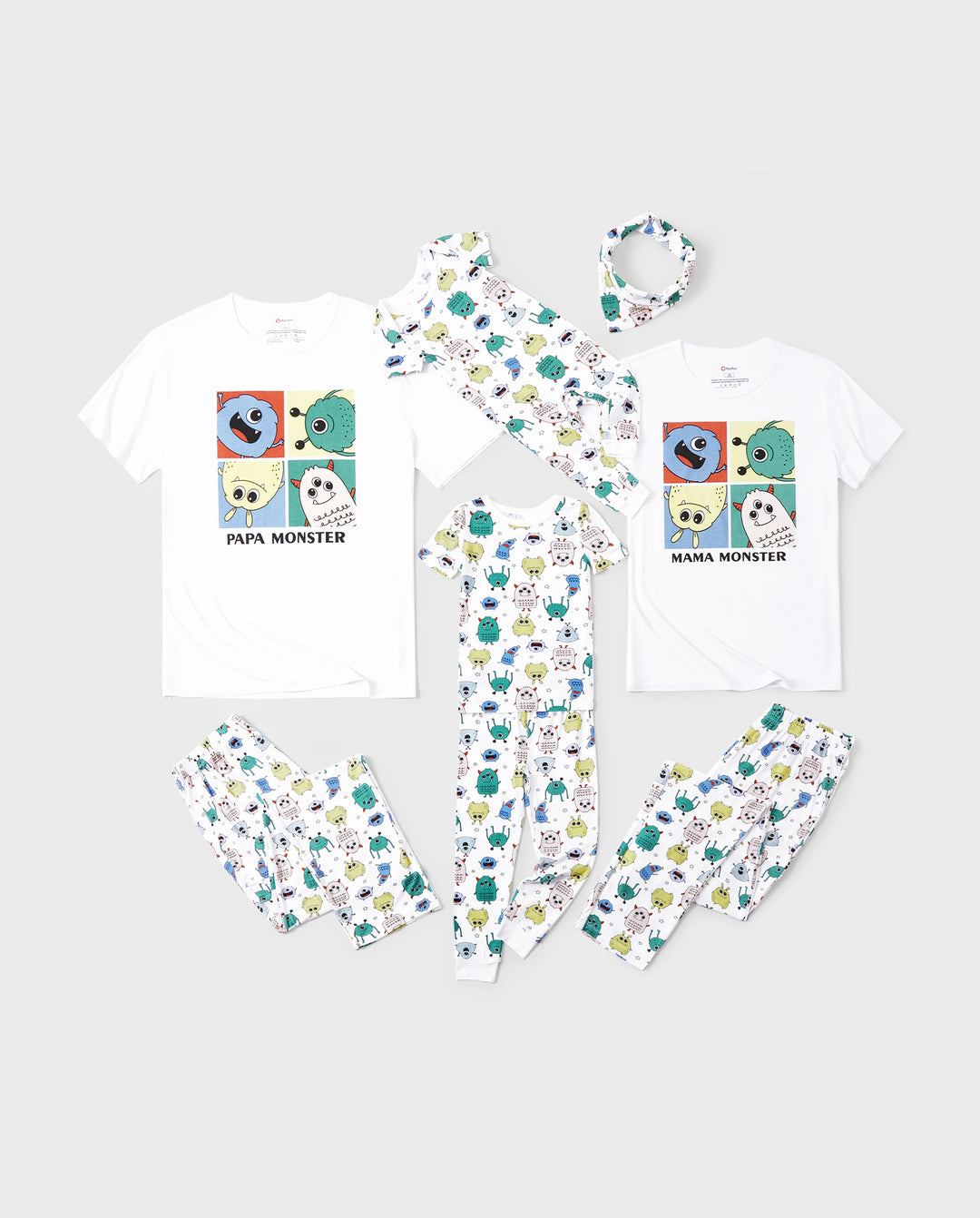 Bamboo Family Pajamas Cute Little Monster Print Short-sleeve Matching Pajama Set ( Snug-Fitting for Children ) White