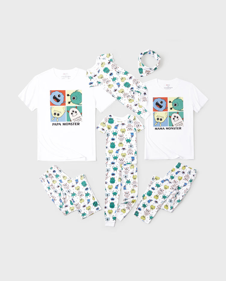 Bamboo Family Pajamas Cute Little Monster Print Short-sleeve Matching Pajama Set ( Snug-Fitting for Children ) White