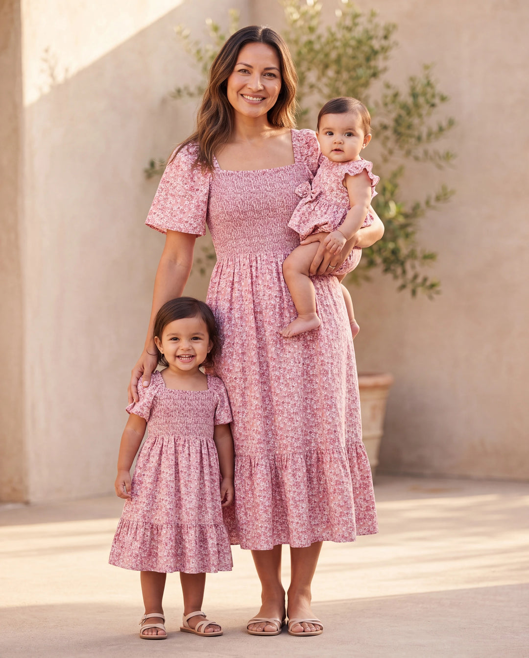 Conjunto Mamá y Yo Vestido con Fruncido, Mangas Abullonadas y Estampado Floral Azul y Rosa