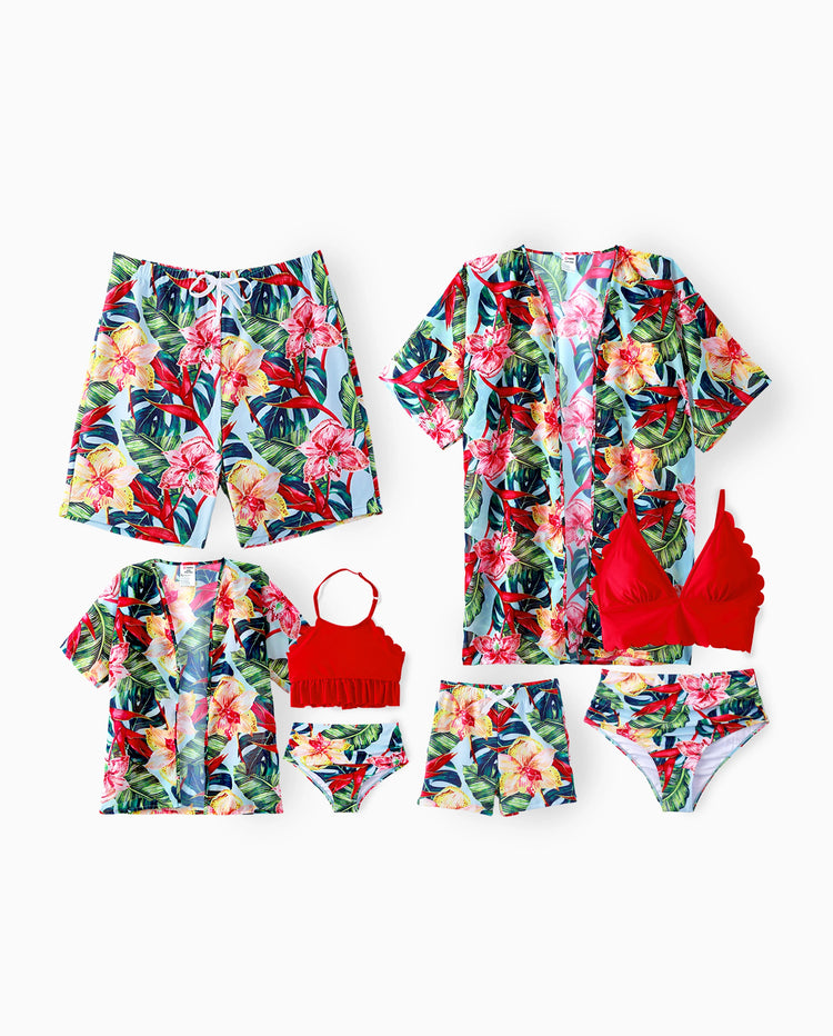 Maillot de bain à cordon de serrage fleuri assorti pour toute la famille ou bikini à bord coquillage froncé avec cache-maillot rouge en option