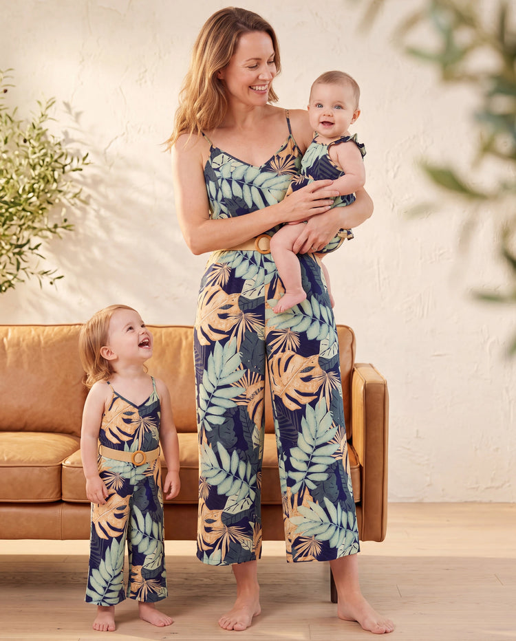 Mommy and Me Tropical Leaf Print Jumpsuit Set, Spaghetti Strap Belted Matching Outfits for Summer Beach Vacation Tibetan blue