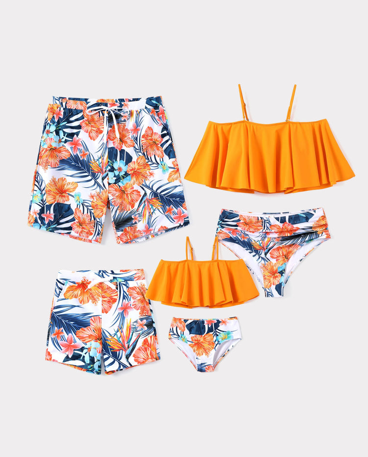 Passende Familien-Bademode Tropical Floral Bikini-Set mit Rüschentop für Mama & Tochter, Boardshorts für Papa & Sohn, Leuchtende Sommer-Strandoutfits Orange
