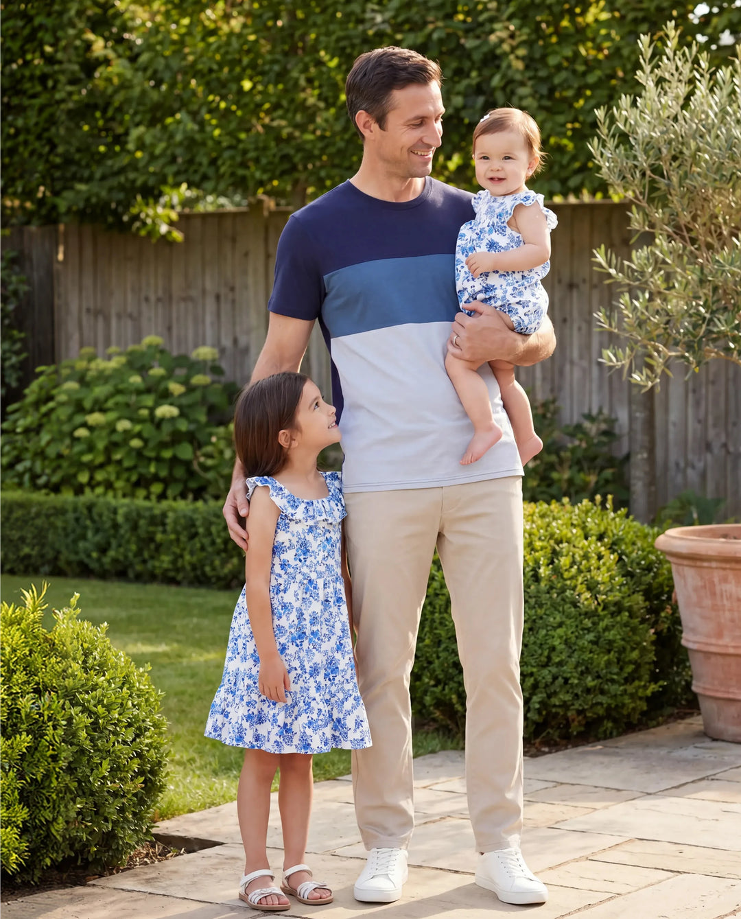 Daddy & Daughter Outfits Blue Floral Print Dress & Color Block Tee Set, Mommy Daddy and Me Summer Beach Vacation Coordinates Blue