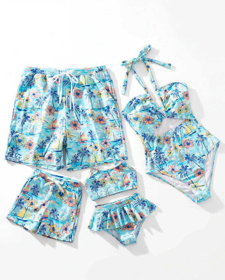 Maillots de bain assortis pour toute la famille à imprimé tropical, maillot une pièce à nouer devant pour maman, maillot deux pièces pour fille, ensemble short de bain pour papa & fils pour vacances d'été à la plage Bleu clair