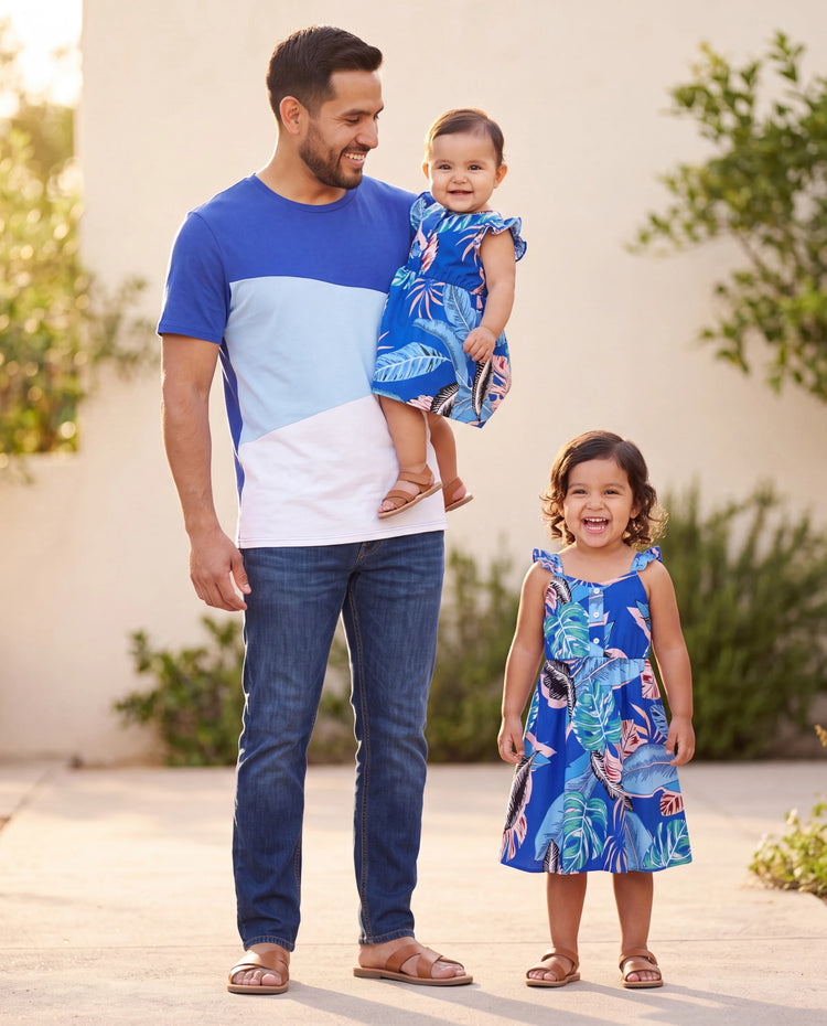 Ensemble robe & tee-shirt tropical Papa & Fille – Imprimé floral bleu pour Papa, Maman, filles & bébé, Parfait pour vacances d'été et photos de famille Bleu