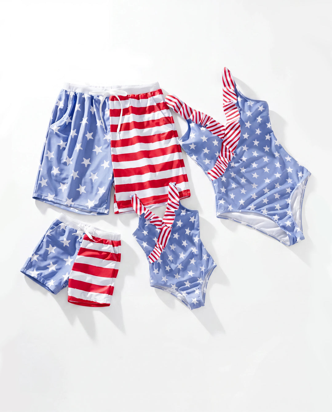 Trajes de baño patrióticos a juego para la familia, Día de la Independencia, 4 de julio, con estrellas y rayas, pantalones cortos o capas con volantes, trajes de baño de una pieza con cuello en V, azules