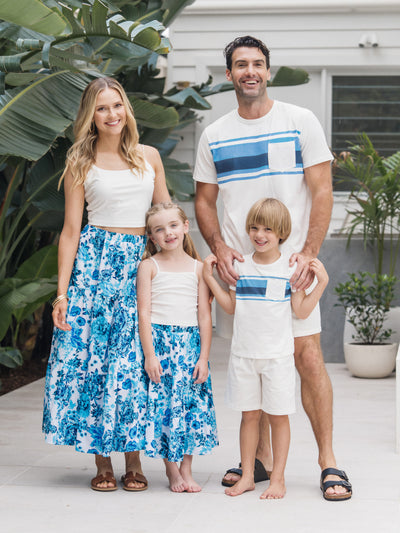 Family Matching Outfits White Camisole Top and Blue Floral Print Skirt Co-ord Set or Colorblock Short-sleeve T-shirt Blue