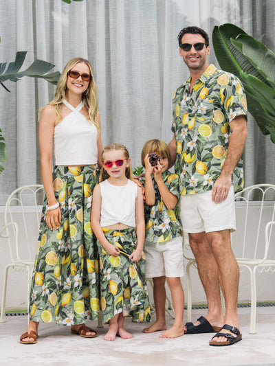 Matching Family Outfits Lemon Print Hawaiian Shirts & Summer Dresses Tropical Vacation Clothes for Men, Women & Kids Green