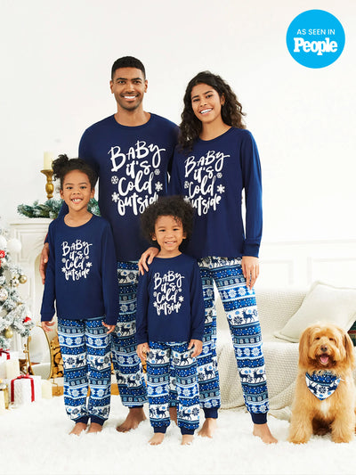 Ensemble pyjama de Noël assorti en mosaïque avec haut et pantalon renne et chaussettes de Noël, bleu foncé
