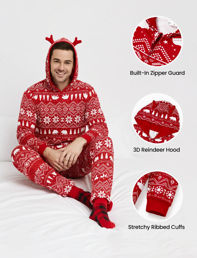 Christmas Matching Family Pajamas Set 3D Reindeer Hooded Allover Snowflake and Reindeer Print Red Onesie PJS with Christmas Socks Red